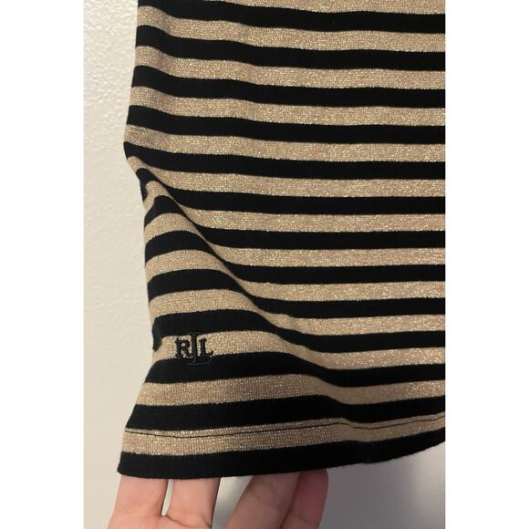 Lauren Ralph Lauren Shirt Women’s Large Black Gold Metallic Striped Stretch Top - Picture 2 of 8